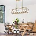 Gold Chandelier, Modern 7 Lights Metal Light Fixture for Dining Room Farmhouse Metal Kitchen Island Lighting Large Rectangle Hanging Pendant Lighting for Living Room Foyer Bedroom