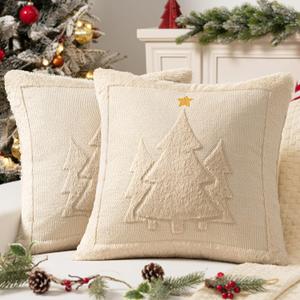 MIULEE Christmas Trees Pillow Covers Set of 2 Decorative Soft Throw Pillows Plush Faux Fur Wool Embroidered Couch Cushion for Holiday Winter Home Decor Chair Sofa Bedroom Living Room,Beige 18x18inch