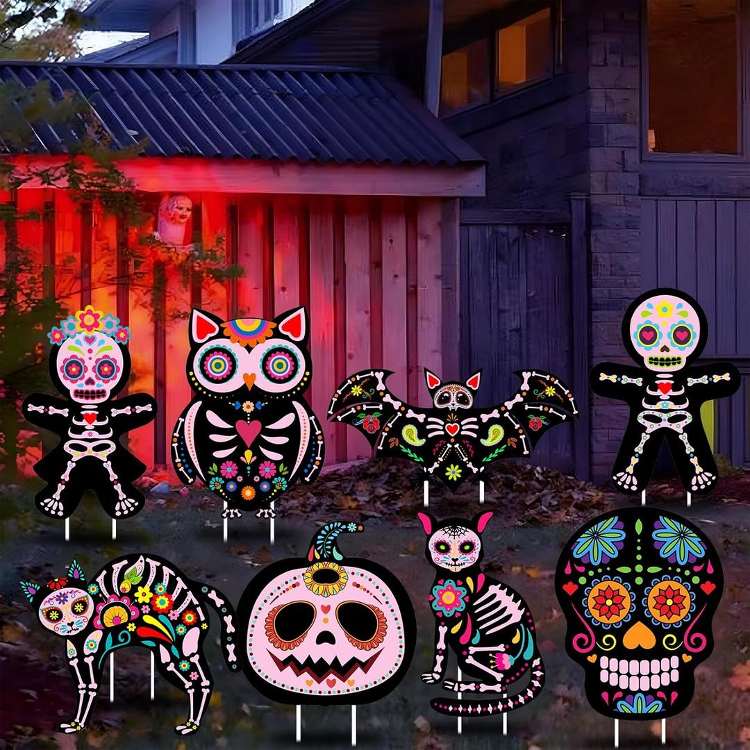 Yerliker 8 Pieces Day of The Dead Outdoor Decorations Yard Signs with Stakes, Halloween Party Supplies Dia De Los Muertos Decor Sugar Skull Skeleton Cat Owl Garden Lawn Decor for Scary(Pink)