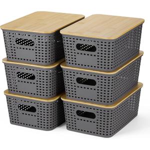 Plastic Storage Baskets With Bamboo Lid - Plastic Storage Containers Stackable Storage bins: Storage Baskets for Organizing Shelves Drawers Desktop Closet Playroom Classroom Office, 6 Pack, Gray
