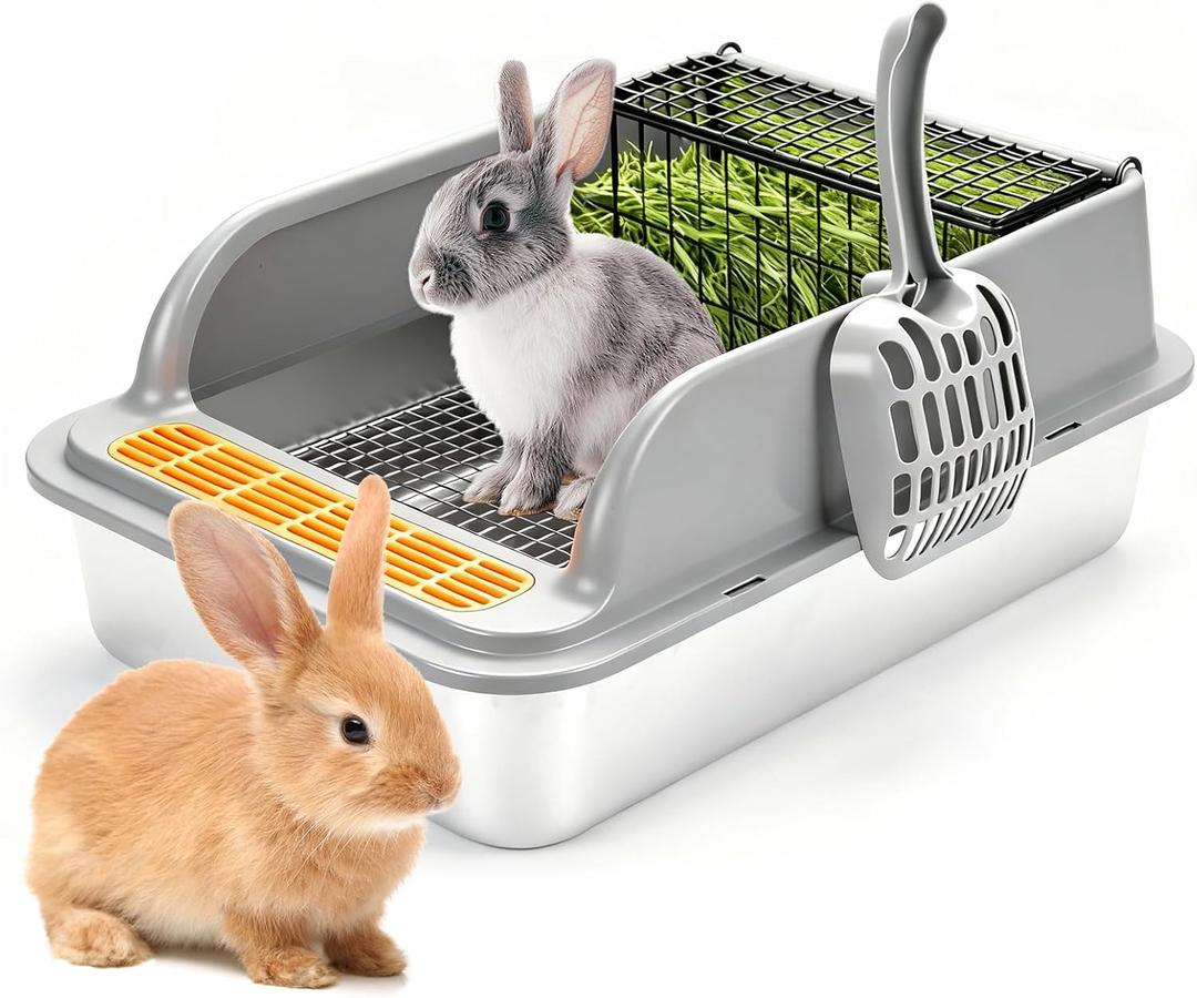 Stainless Steel Rabbit Litter Box w Hay Feeder and Litter Scoop, 19.7 x 13.8 x 7.9 Inch Large Litterboxes w Raised Grid, High Sided Kiter Box for Bunny, Guinea Pig, Ferret, Small Snimal, Hamster
