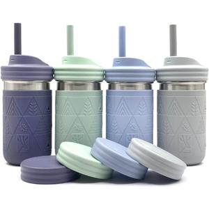 Elk and Friends 14oz Stainless Steel Kids + Toddler Drinking Cups | The Original Mason Jar with Sleeves + Lids | Silicone Straws | Smoothies | Storage Jar | Spill Resistant | Dishwasher Safe | 4 Pack (Sage/Misty Blue/Navy/Grey)