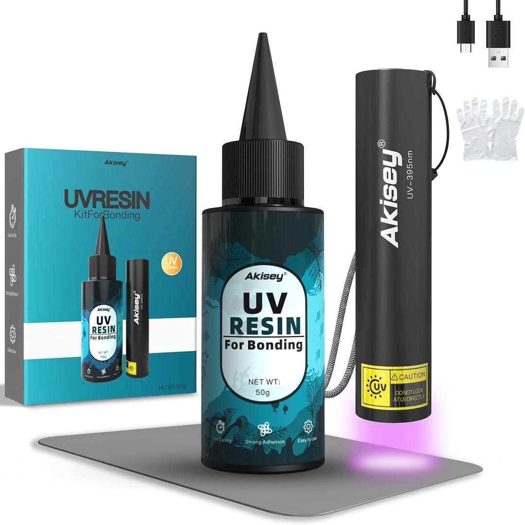 Akisey UV Resin Kit with Light, 50g UV Resin with Rechargeable 395NM UV Flashlight, Fast Curing in Seconds, UV Glue Adhesive for Bonding Jewelry, Plastic, Glass & Acrylic Repair Kit with Mat, Gloves