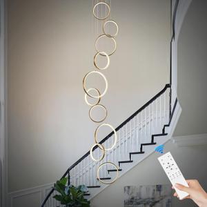 High Ceiling Chandelier 10 Ring Gold Foyer Chandeliers Entryway Long Modern LED High Ceiling Light Staircase with Remote Control for Living Dining Room (98.5in 3000K-6500K)