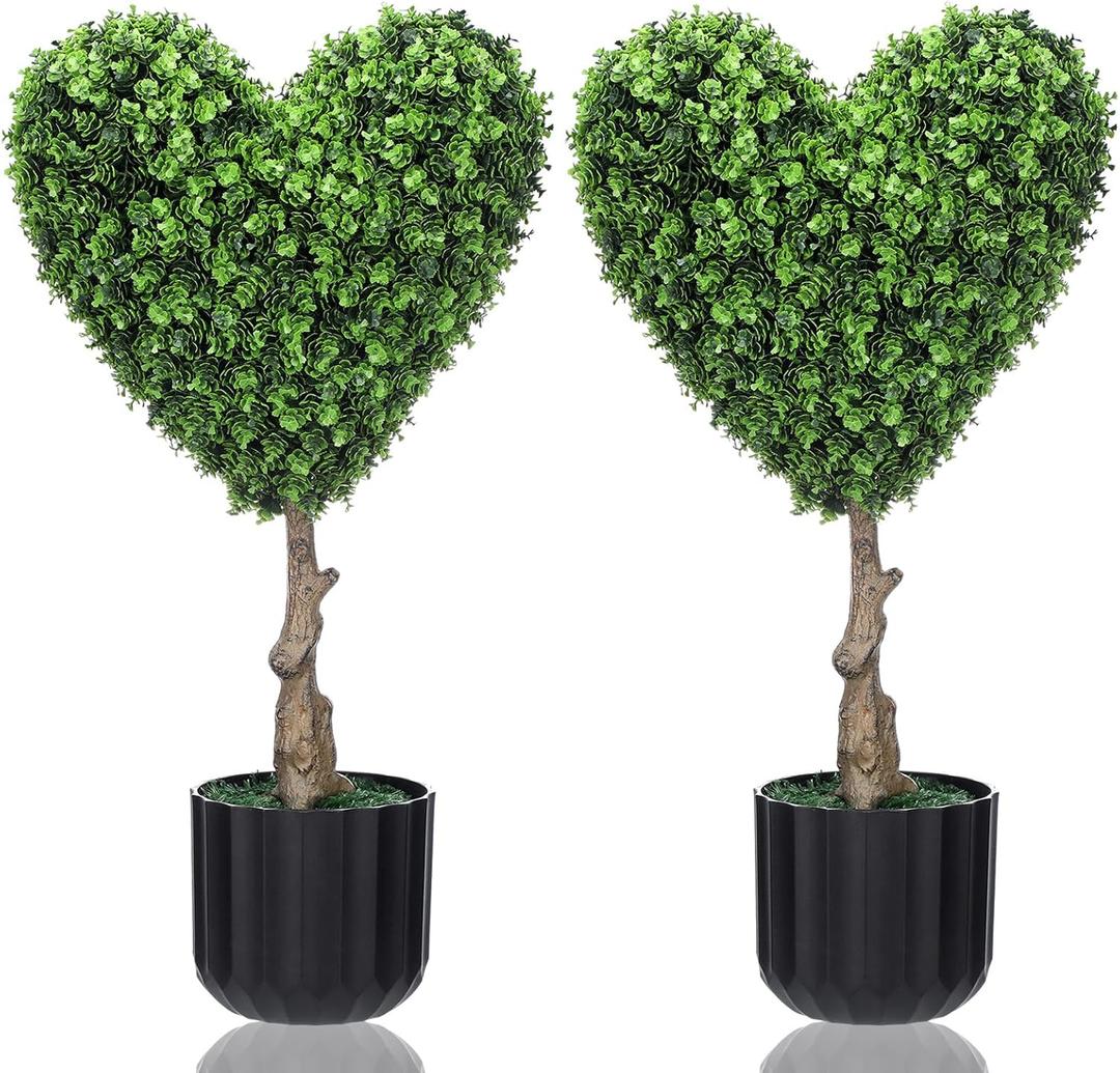 2 Sets 23.62 Inches Artificial Heart Boxwood Topiary Outdoor, Valentine's Day Heart Shaped Topiary Trees, Faux Boxwood Outdoor Valentines Decoration with Planter Pots for Home Porch Decor