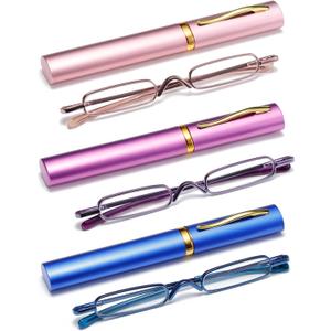 3 Pack Mini Slim Pen Reading Glasses - Compact Readers with Pen Clip Case Spring Hinge Metal Frame Eyeglasses (Pink, Purple, Blue, +2.25)