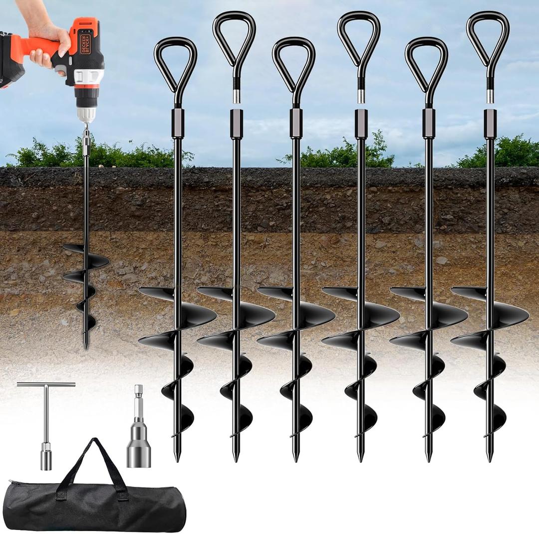 Phopich 18''/30" Long Ground Anchor, Heavy Duty Earth Anchors Ground Anchors Screw in Kit with T-Handle Hex Wrench for Camping Tent, Swing Sets, Securing Animals, Sheds, Trampoline (black)