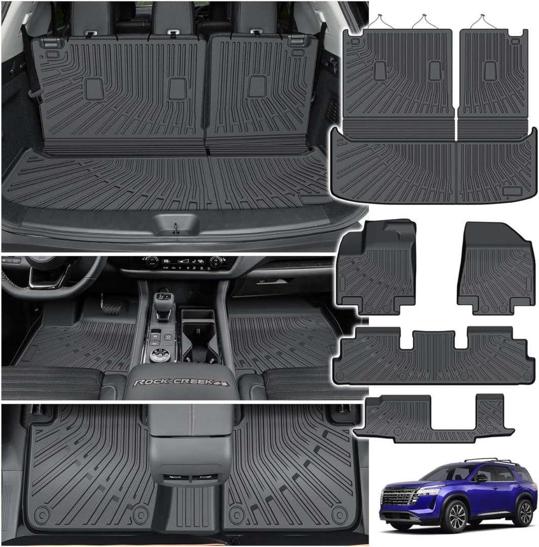 Powerty Floor Mats for Nissan Pathfinder 8 Seats 2022-2026 2027, All Weather 3D TPE Anti-Slip Trunk Cargo Liner Seat Back Covers Protectors Full Set Car Accessories