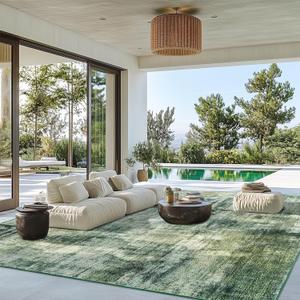 9x12 Area Rugs for Living Room Bedroom, Large Modern Abstract Washable Green Carpet Rug, Non-Slip Non-Shedding Indoor Floor Carpet for Dining Room, Home Office Decor