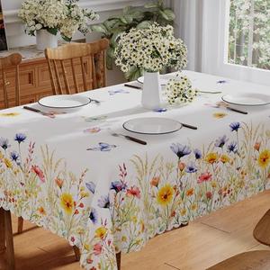 Siilues Spring Tablecloth Rectangle 52x70 Inch, Washable Watercolor Floral Butterfly Colorful Spring Table Cloth Seasonal Summer Waterproof Scalloped Edge Party Decorations Picnic Dining Table Cover