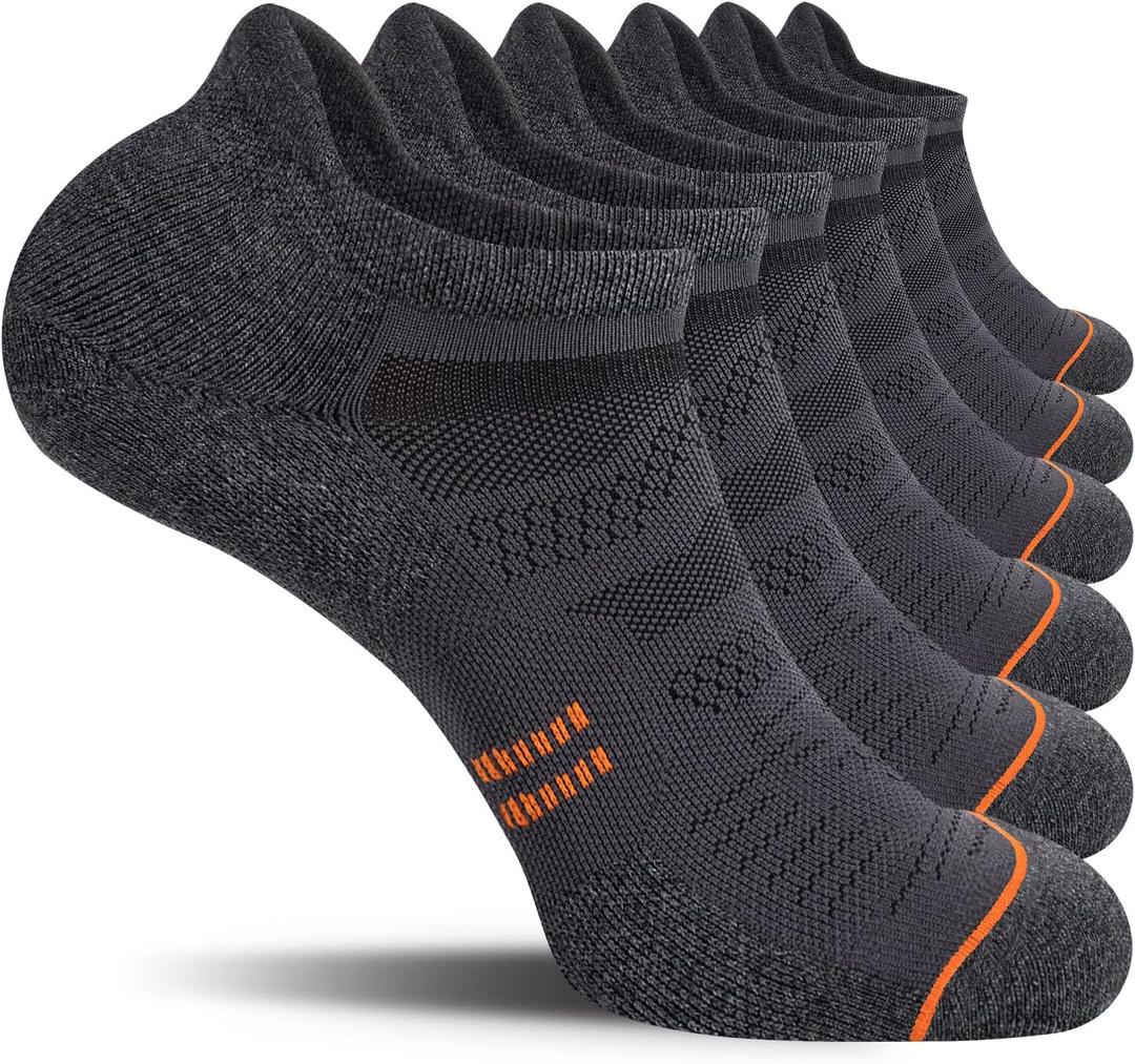 CS CELERSPORT 6 Pack Men's Running Ankle Socks with Cushion, Low Cut Athletic Sport Tab Socks (Large, Grey)