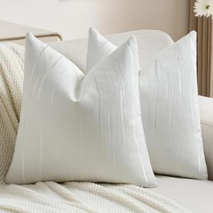FUTEI Pack of 2 Chenille Decorative Throw Pillow Covers 20x20 Inch,Soft Embossed Striped Textured Cushion Case,Modern Home Decor for Couch Bed Living Room,White
