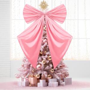 Large Christmas Pink Bow Tree Topper Big Bow Tree Topper Ornament Decorations Pink Plush Hanging Decor for Xmas Door Window Wall Girl Bachelorette Wedding Party Decoration Supplies Gifts 26 x 39In