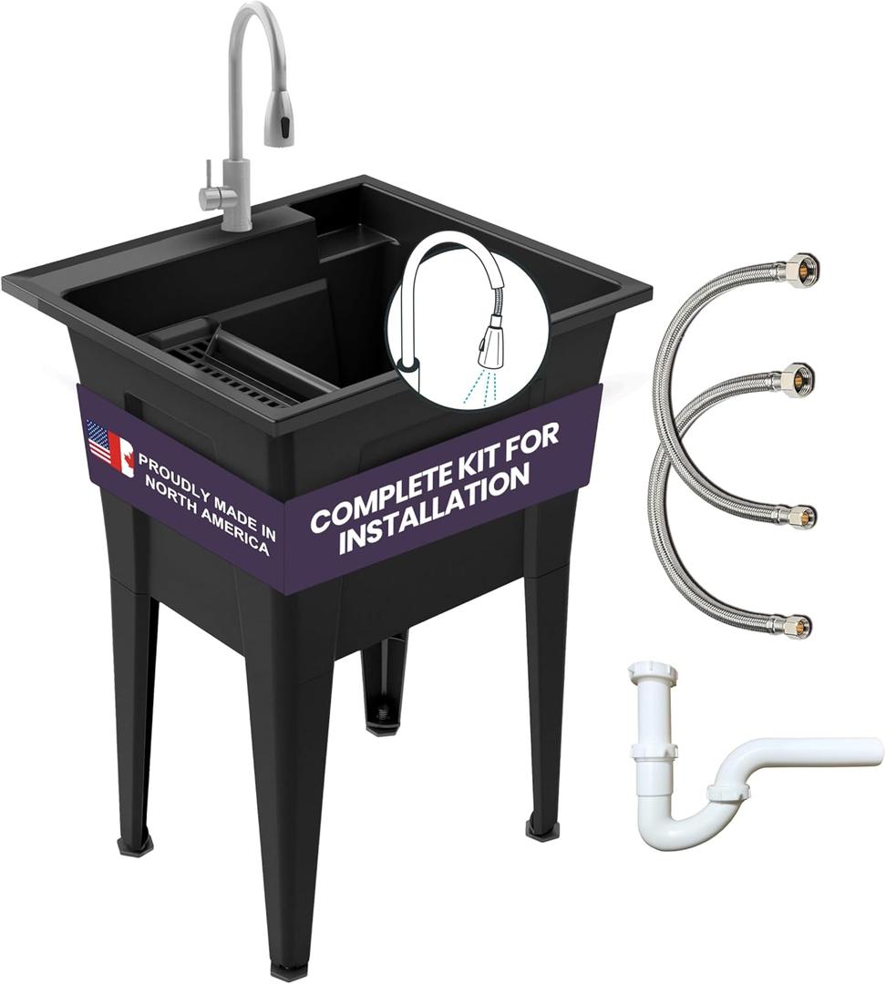 Freestanding Utility Sink with Stainless Steel Gooseneck Faucet - 24" Plastic Utility Sink for Garage, Laundry, Indoor and Oudoor Use - Laundry Tub Kit by Noah William Home - Black (19.5 gal)