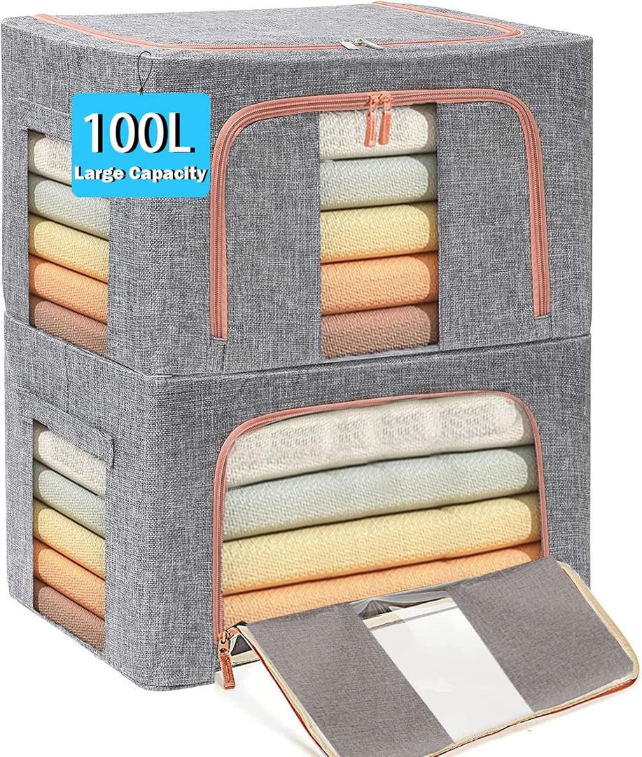 Large Capacity Clothes Storage Bags Stackable Storage Organizer with Foldable Metal Frame Zipper Handles Clear Window Storage Container Box for Blanket Sweater Comforter Pillow (100L Gray 2 Pack) Large Capacity Clothes Storage Bags Stackable Storage Organizer with Foldable Metal Frame Zipper Handles Clear Window Storage Container Box for Blanket Sweater Comforter Pillow (100L Gray 2 Pack)