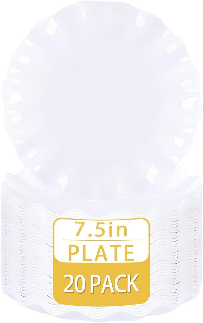 LIYH 20 Pcs 7.5 Inch White Dessert Scalloped Plastic Plates Reusable - Unbreakable Plastic Cake Plates for Weddings Party Outdoor Picnics Dishwasher Safe BPA Free for Party