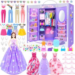 65Pcs Doll Clothes and Accessories with Doll Closet for 11.5 Inch Doll Dress up Set with 1 Doll Fashion Dresses Outfits Tops and Pants Shoe Rack Bags Gift Toy for Girls 4 5 6 7 8 9 10 Years