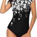 Wolddress Women Modest One Piece Bathing Suit Short Sleeve Tummy Control Swimsuit Zipper Surfing Athletic Rash Guard White Flowers M