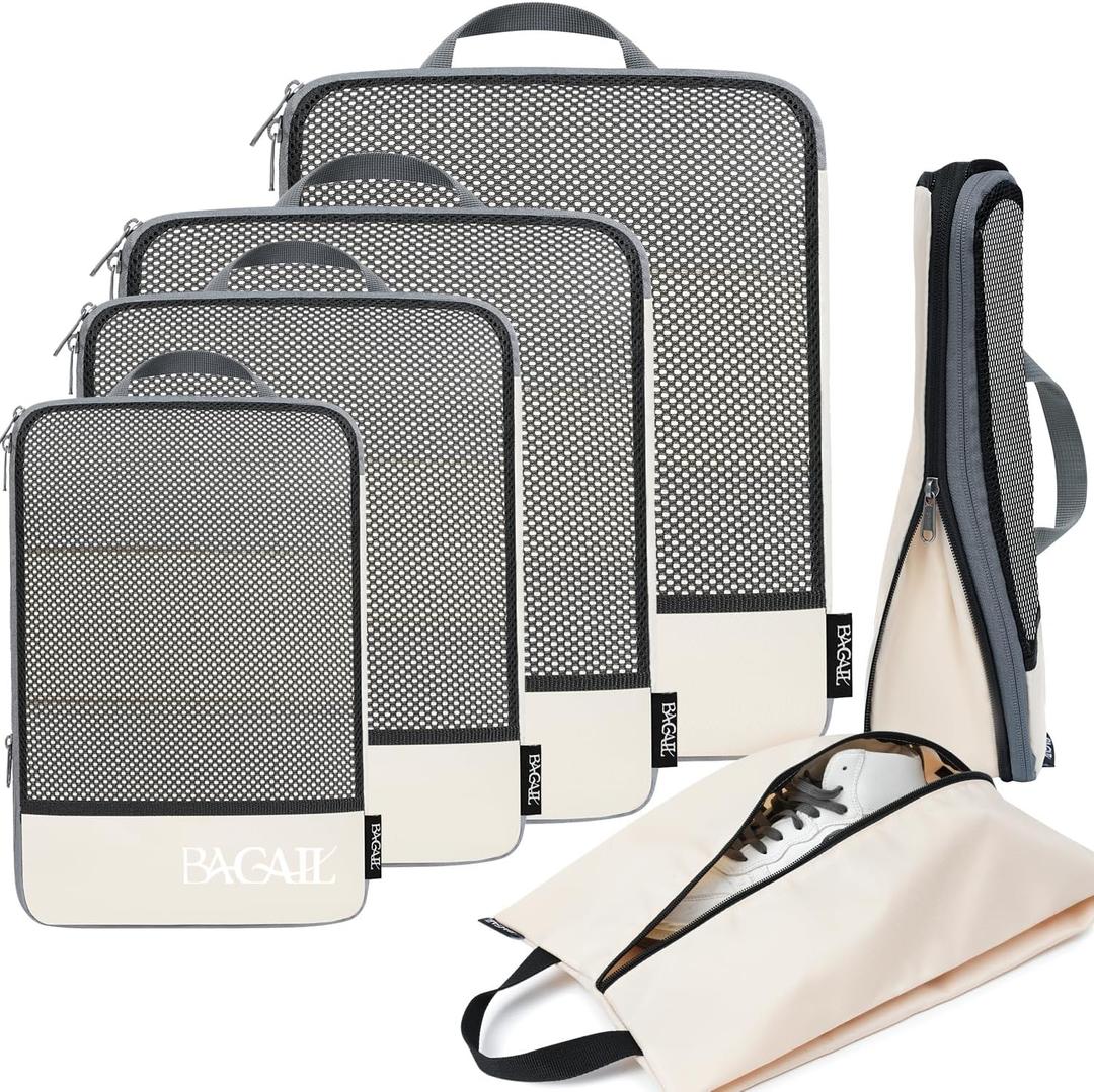BAGAIL 4 Set/6 Set/8 Set Compression Packing Cubes Travel Accessories Expandable Packing Organizers (Half Mesh, 6-Beige), 13.75 Inches X 12.75 Inches X 4.5 Inches