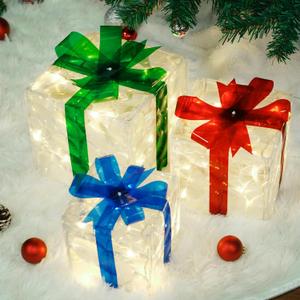 Set of 3 Christmas Lighted Gift Boxes, 60 LED Light Up Present Boxes for Christmas Decorations Indoor Outdoor Yard Xmas Tree Holiday Party Lawn Porch Home Decor (PVC)