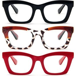 REAVEE Oprah Style Reading Glasses for Women, Blue Light Blocking Cute Oversized Square Computer Readers Spring Hinge (Black/Brown Leopard/Red) 00.50