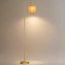 67" Gold Boho Floor Lamp with Rope Woven Shade, Mid Century Modern Tall Standing Lamp for Living Room Bedroom, Over The Couch Reading Light with Foot Pedal, Bulb Included