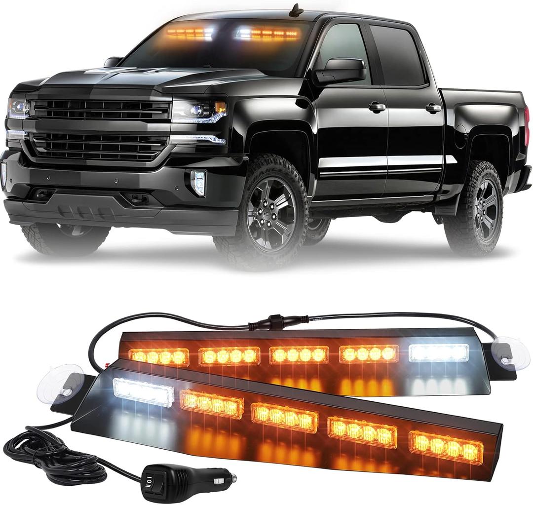XRIDONSEN Emergency Visor Lights Bar Interior Windshield Strobe Lights 40 LED Amber Warning Flashing w/White Take Down Deck Split Mount for Construction Vehicles Snow plow Trucks (2x17 inch) (Yellow/Amber)