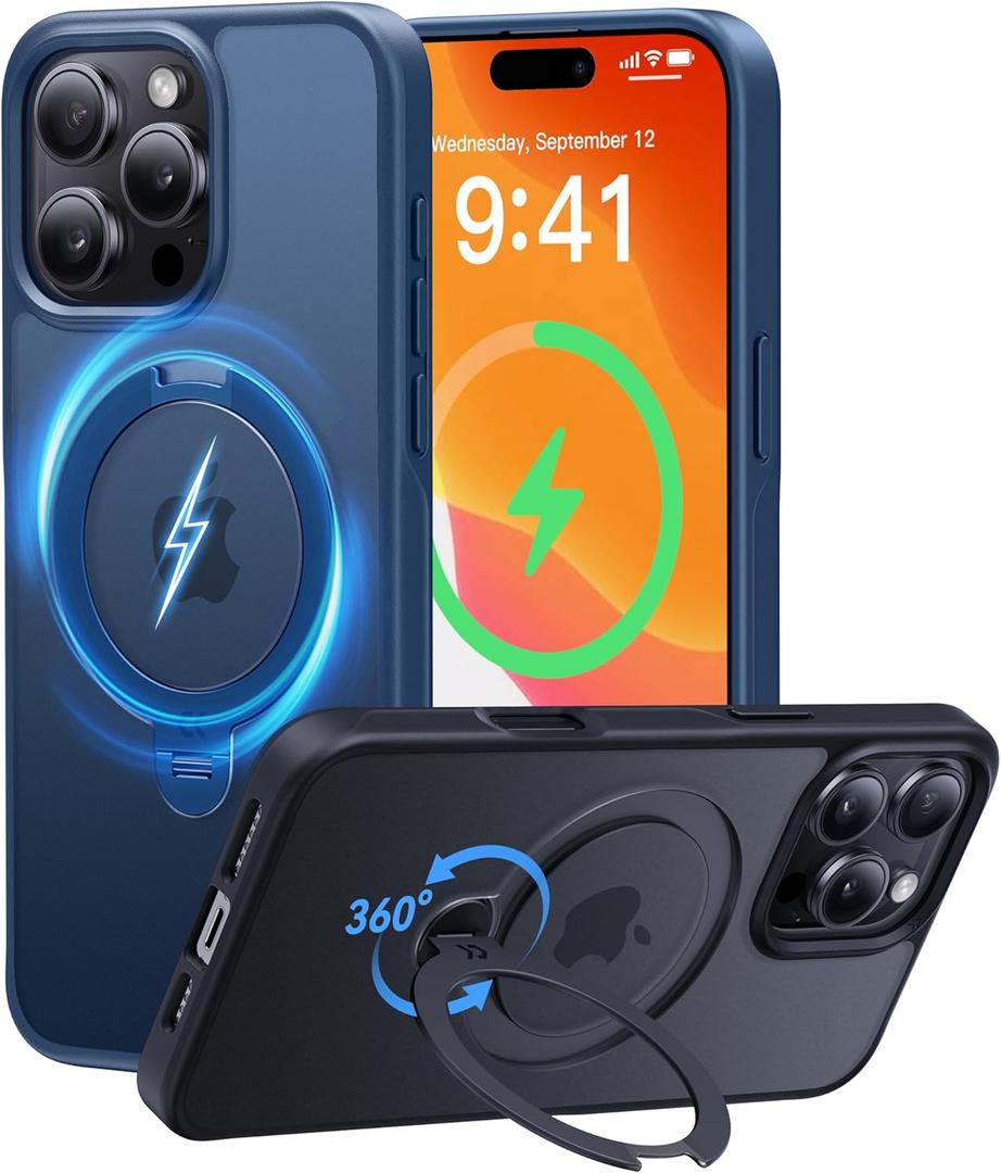 CASEKOO Patented 360 Spin Magnetic Stand for iPhone 16 Pro Case [Military Drop Protection] [Non-Slip Edge] [Compatible with MagSafe] Matte Shockproof Slim for iPhone 16 Pro Case 6.3'', Blue