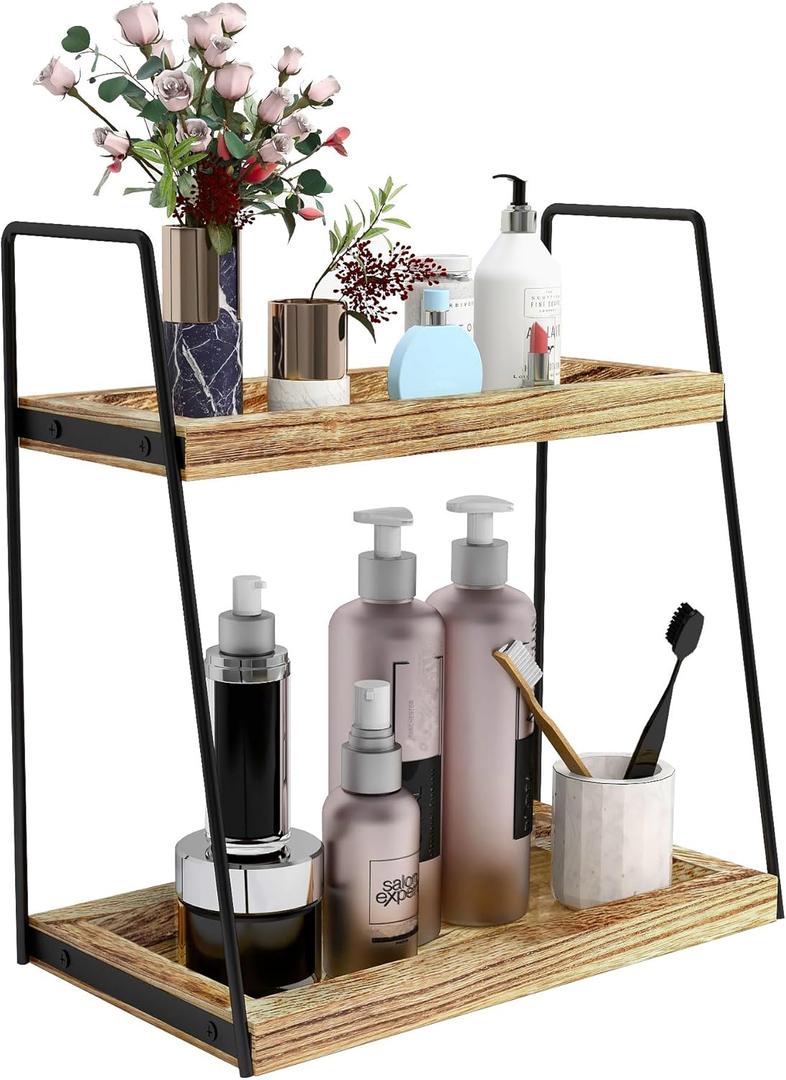Dorhors 2 Tier Bathroom Counter Organizer Storage,Vanity Organizer for Bathroom Counter,Wood Standing Rack for Kitchen (Brown)