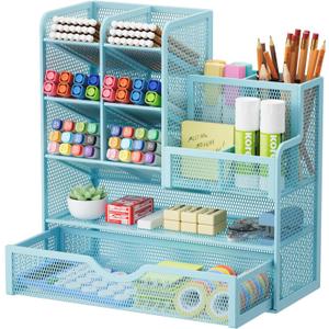 Marbrasse Mesh Pen Holder for Desk, Multi-Functional Pencil Organizer with Drawer, Desk Organizers and Accessories for Office Art Supplies (Blue)