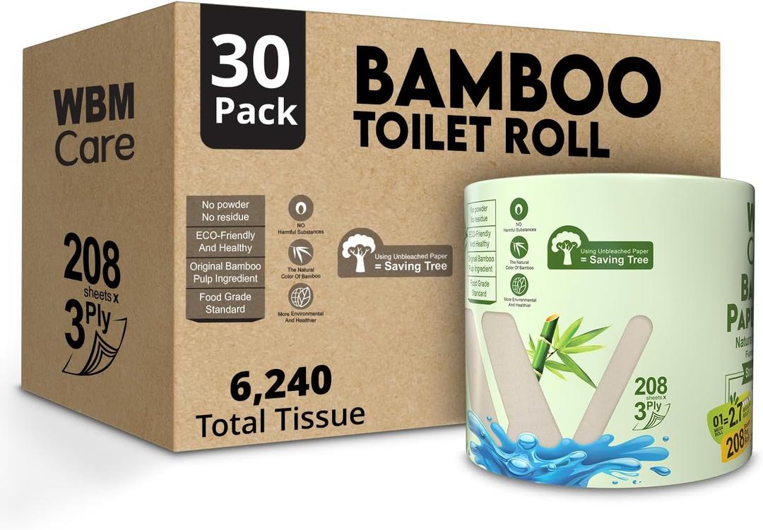 WBM Care Bamboo Toilet Tissue, Strong & Flexible 3-Ply, All Natural Tree Free and Septic Safe Paper Towels, 208 Sheets Each Roll, Total 6240 Sheets, 30 Rolls