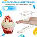 Zhehao 300 Pieces 2 oz Mini Plastic Dessert Cups with Spoons and Lids Small Square Disposable Cups Glitter Clear Banana Pudding Cups Serving Tasting Bowls for Appetizer Birthday Wedding Party(Gold)