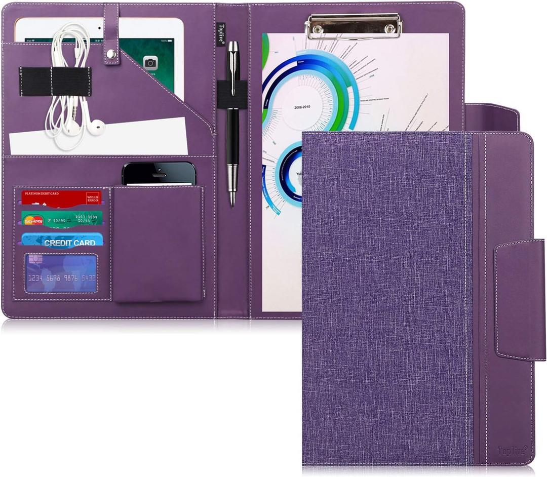 Toplive Portfolio Case Padfolio, Executive Business Document Organizer with Letter Size Clipboard, Business Card Holder, Tablet Sleeve, for Business School Office Conference, Purple