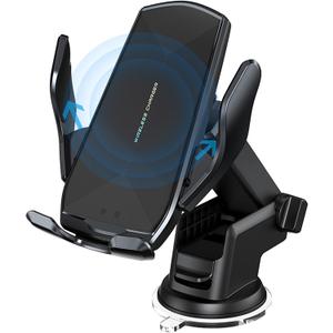 Wireless Car Charger Mount, 15W Qi Fast Charging Auto-Clamping Cell Phone Car Holder Air Vent Windshield Dashboard Long Arm Suction Cup Car Phone Mount for iPhone 13/12/11 Samsung S20/S10/S9/S8 LG (Black)