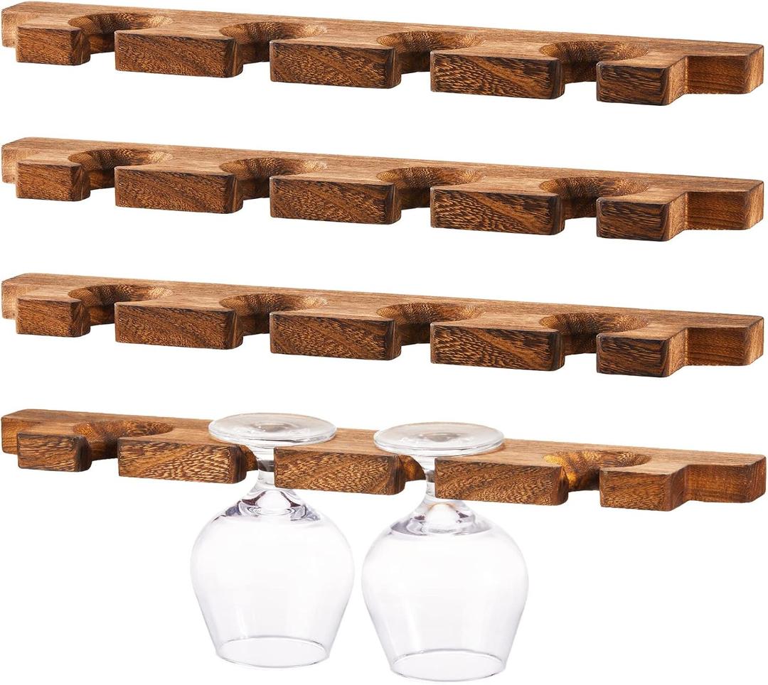 Ripeng 4 Pcs Wall Mounted Wood Stemware Rack Champagne Holder Rustic Wine Glass Hanging Shelf Wood Floating Glassware Wall Holder for Party Kitchen Bar Organizer 17 x 3 x 0. 8 Inch (Dark Brown)