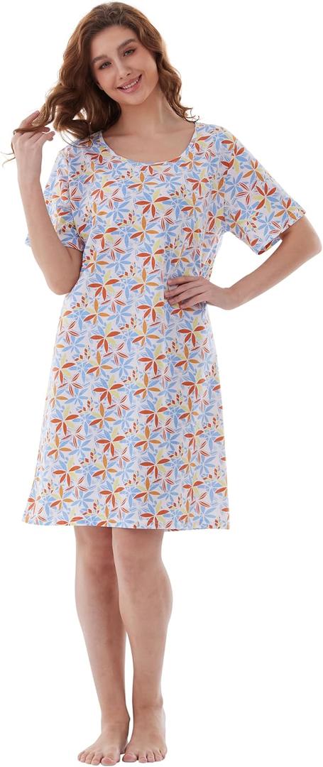 Nightgowns for Women, Women's Sleepwear Lightweight Cotton Nightdress, Crew Neck Sleepshirt Short Sleeve Loose Fit (Medium, Blue and Orange)