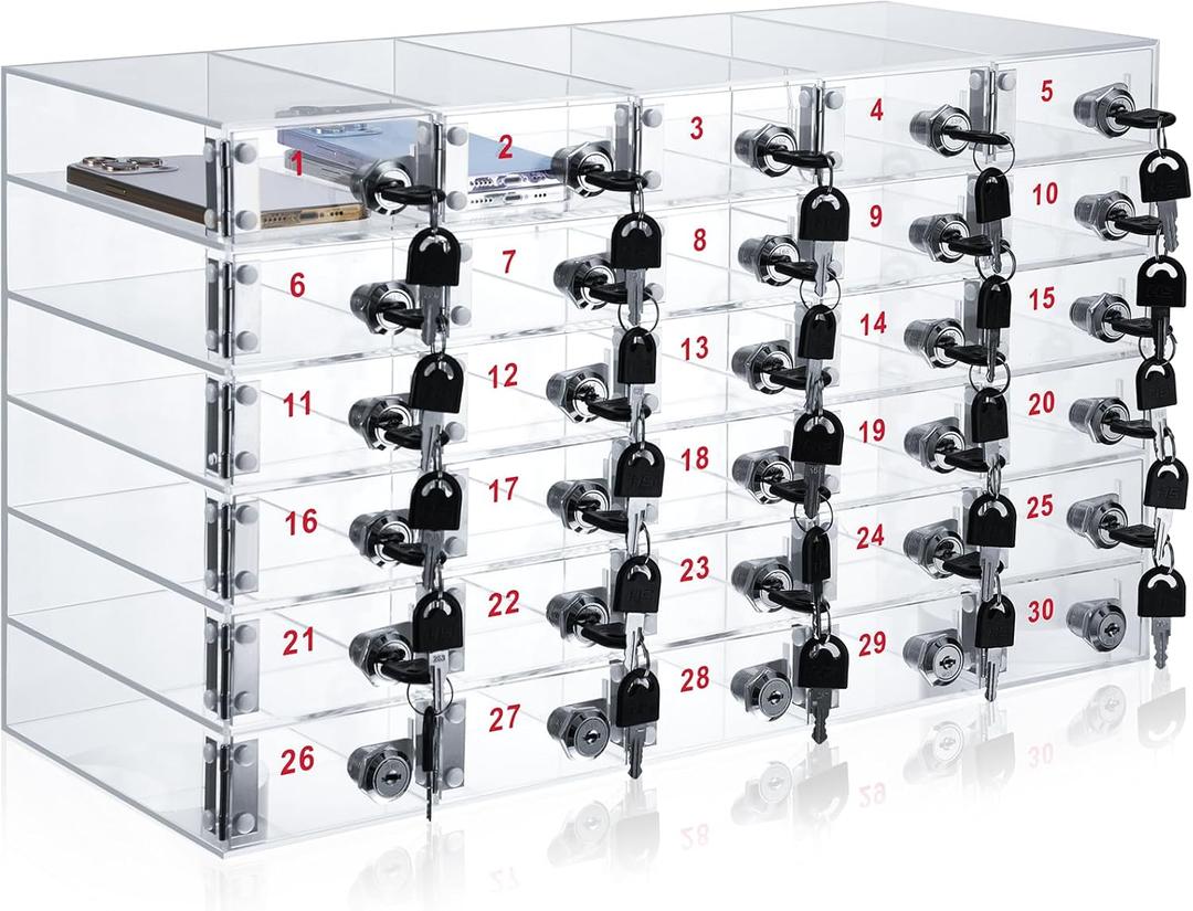 Layhit 30 Slots Cell Phone Locker Box for Classroom Clear Acrylic Cell Phone Storage Cabinet Bin with Door Locks for Classroom School Students Office Factory Employees
