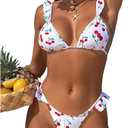 MakeMeChic Women's Cherry Print Bikini Set Triangle Ruffle Tie Back Thong Bathing Suit, Color: Red and White, S