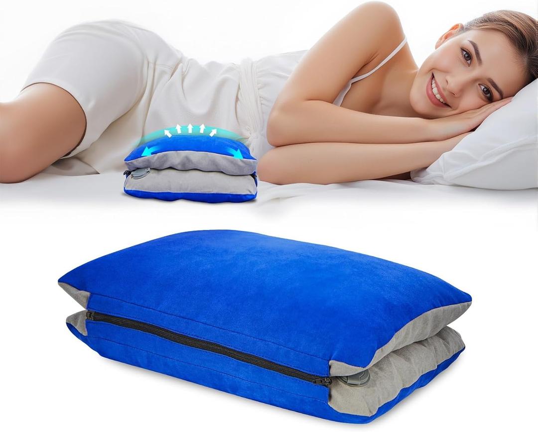 JefDiee Inflatable Camping Lumbar Pillow with Memory Foam and Washable Cover Travel Pillow for Airplanes, Camping (Azure, Standard)