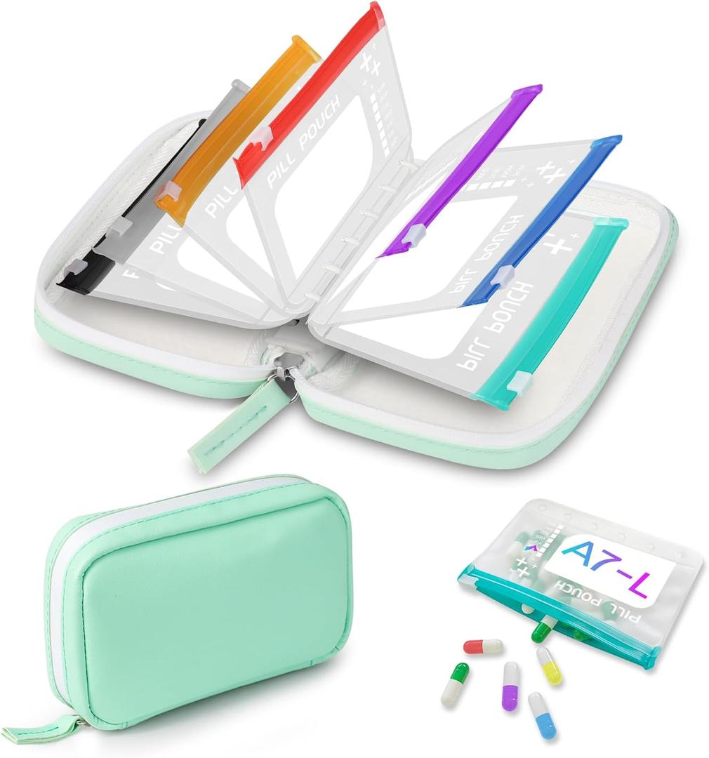 A7-L Water-Proof Pill Pouch Set Large Pill Organizer, BPA Free, A7-L Pill Loose-Leaf Storage with Color-Coded Medicine Pouches, Reusable Travel Medicine Organizer Zippered Pill Organizers Weekly (Green)