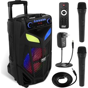 Portable Bluetooth PA Speaker System - 600W 10” Outdoor BT Speaker - Includes 2 Wireless Microphones, Party Lights, USB SD Card Reader, FM Radio, Rolling Wheels - Remote Control - Pyle PPHP101WMB