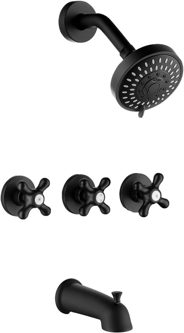 3 Handle Tub Shower Faucet Matte Black Three Knod Tub and Shower Trim Kit 3 Handles Bathtub Shower Faucets Completes with Brass Valve