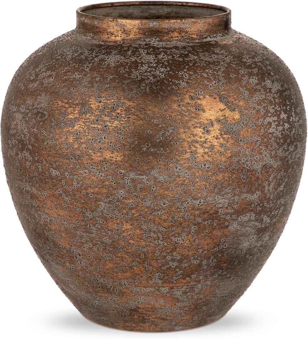 Flower Vase for Home Decor, 11.4" Large Decorative Metal Vase for Pampas Grass, Modern Rustic Textured Iron Vase Centerpiece for Modern Farmhouse Table Living Room Entryway, Antique Bronze