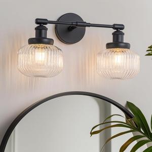 2-Lights Bathroom Light Fixtures, Black Vanity Light, Industrial Bathroom Light Fixture Over Mirror with Clear Striped Globe Shade, Bathroom Light for Bedroom, Living Room, Farmhouse, Stairs (Black)