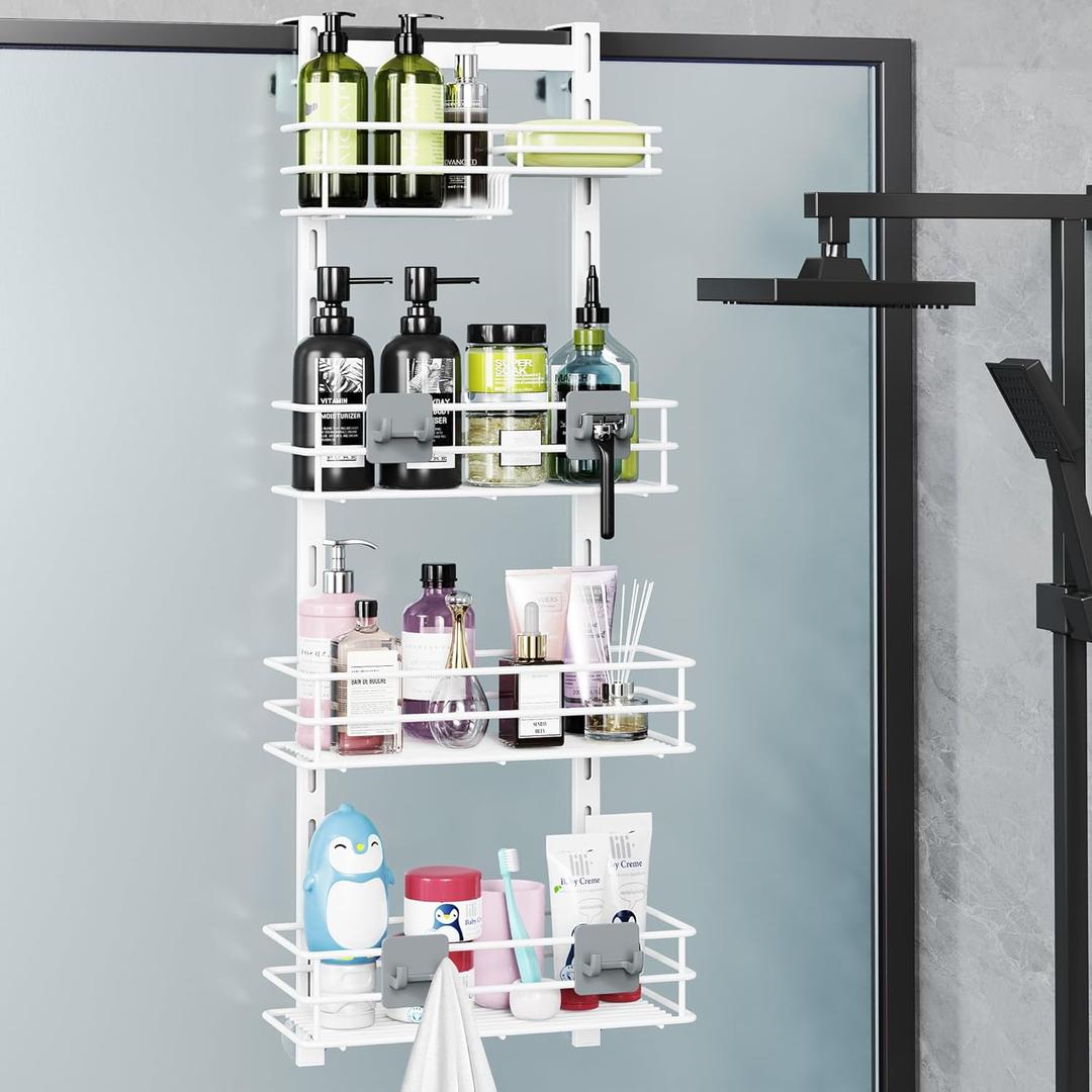 Orimade Over The Door Shower Caddy Adjustable 4 Tier White,Bathroom Hanging Organizer Shelf Rustproof with 4 Hooks,Shower Basket with Soap Holder and Suction Cup
