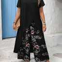 Womens 2 Piece Outfits High-Low Hem Long Sleeve Top Elastic Waist Floral Wide Leg Pants Sets, 0X
