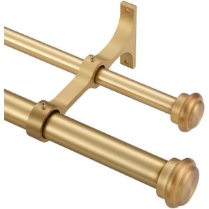 Warm Gold Double Window Rods - 36-72", "Adjustable Dual Curtain Rods with End Cap Finials