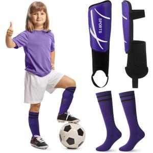 Soccer Shin Guards and Socks Kids Youth Lightweight Soccer Pads Defender with Ankle Protection Ski Shin Guards Football Equipment for Age 4-14 Toddler Boys Girls Teens (Small, Purple)