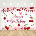 MEHOFON Cherry Birthday Backdrop, Coquette Bow Background with Bow Girl Decorations Red Sweet Cherries Decor for Girls Party Supplies Photo Booth Props 7x5ft