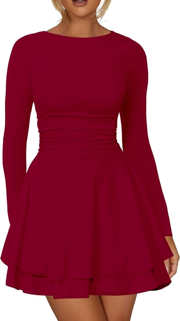 Kaximil Women's Crew Neck Long Sleeve Corset Mini Dress Ruffle Hem Short Party Club Dresses (Red XL)